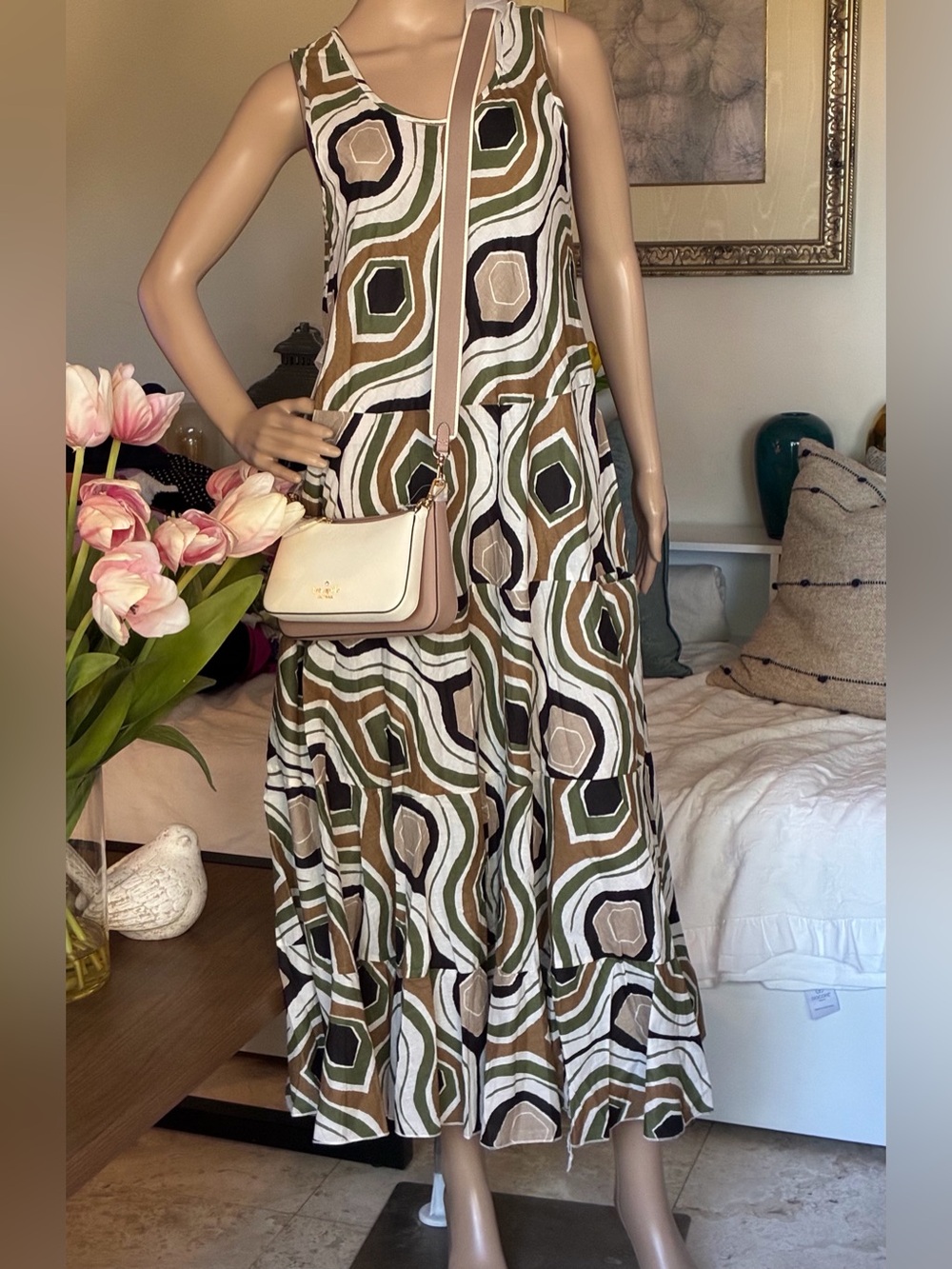 Kaktus Sleeveless Geometric Maxi Dress in Olive, Cream and Black